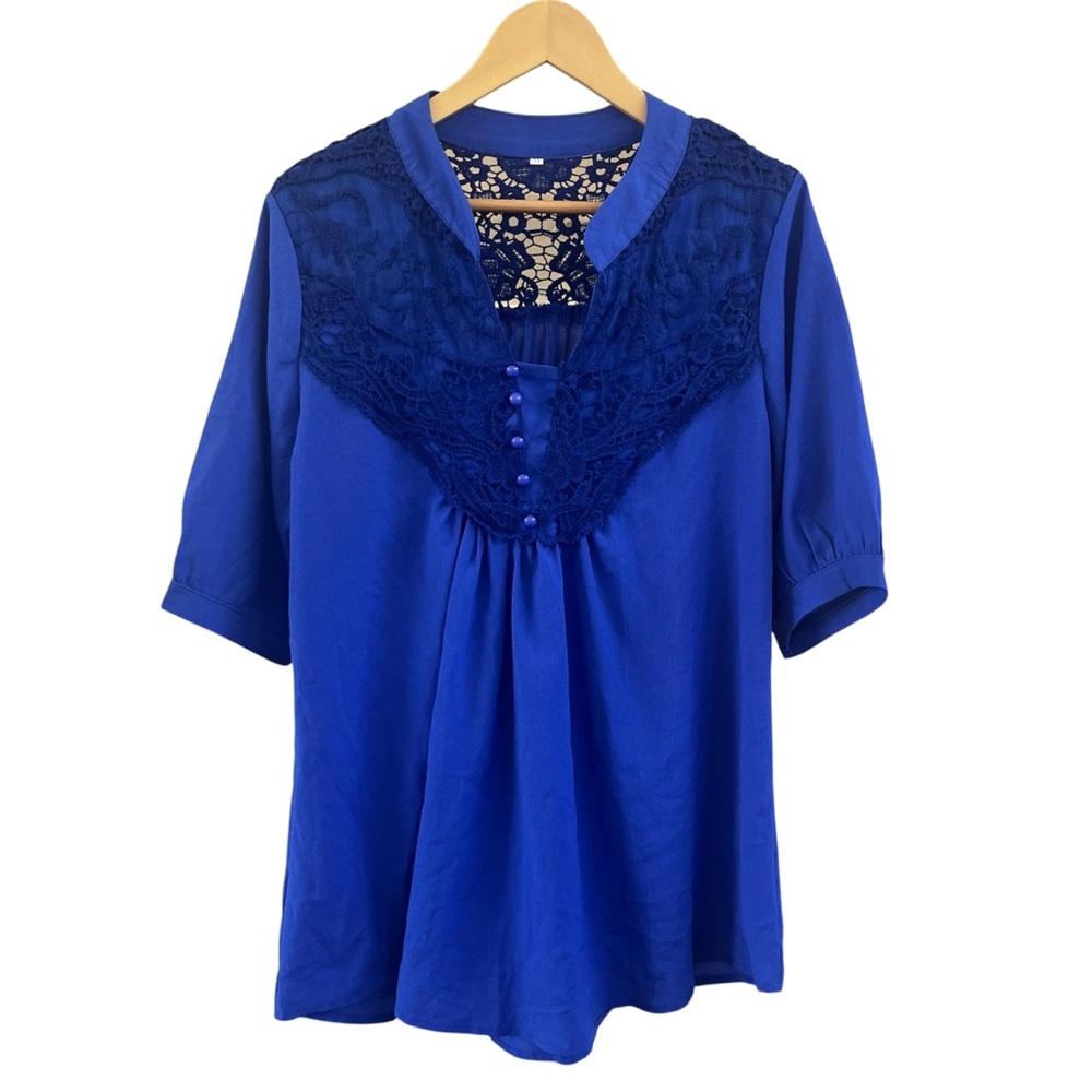 Boho Crochet Lace Back Tunic Blouse Cobalt Blue V-Neck Top Medium
